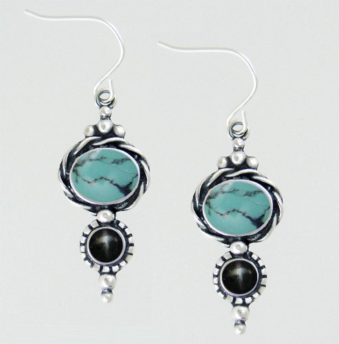 Sterling Silver Drop Dangle Earrings With Chinese Turquoise And Black Star